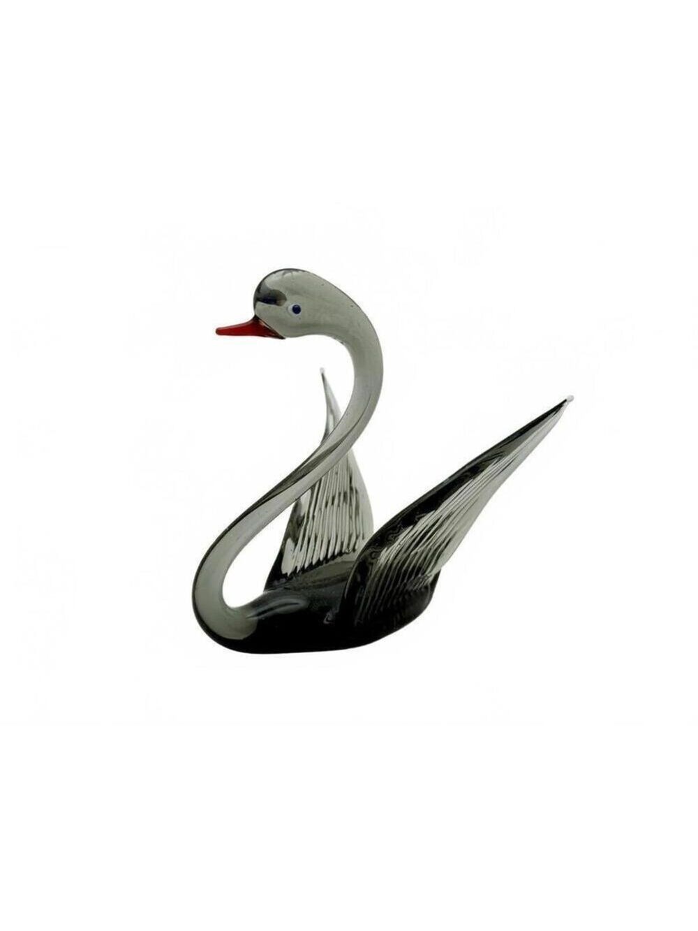 Vintage Mini Hand Blown Art Glass Swan Figurine Black Gray Red Beak Murano-Style - Picture 2 of 5